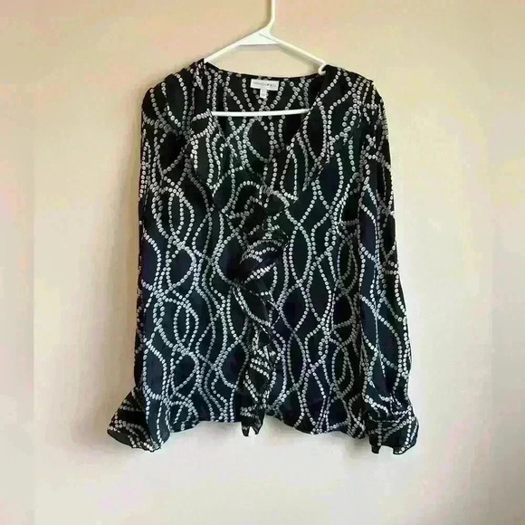 Fashion Bug Tops - Woman’s sheer long sleeve light weight button up blouse- black/blue/tan - Large